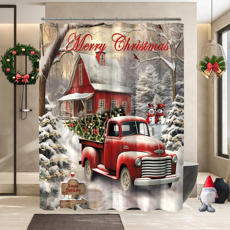 YOSTEV Red Truck Christmas Shower Curtains for Bathroom Decor Christmas Tree Shower Curtain Winter Vintage Rustic Farmhouse Bathroom Curtain Xmas Pine Fabric Cloth Bath Curtain 72x72 Inch - Image 2